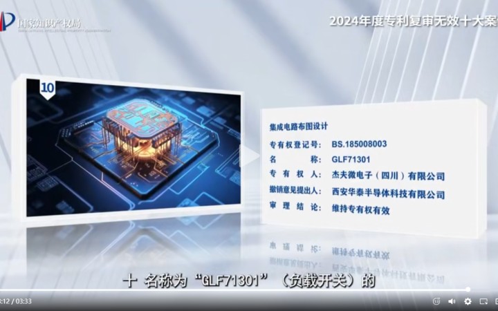 三聚陽光代理“GLF71301”集成電路布圖設計撤銷案入選國知局2024年度專利復審無效十大案件